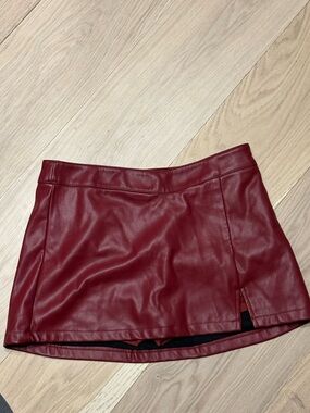 Garage Red Faux Leather Mini Skirt with Front Slit
